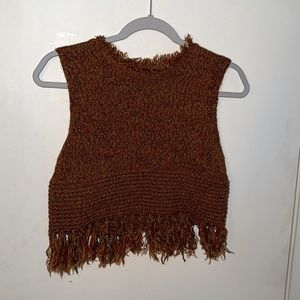 fringed orange and brown earthbound sleeveless sweater vest - size small